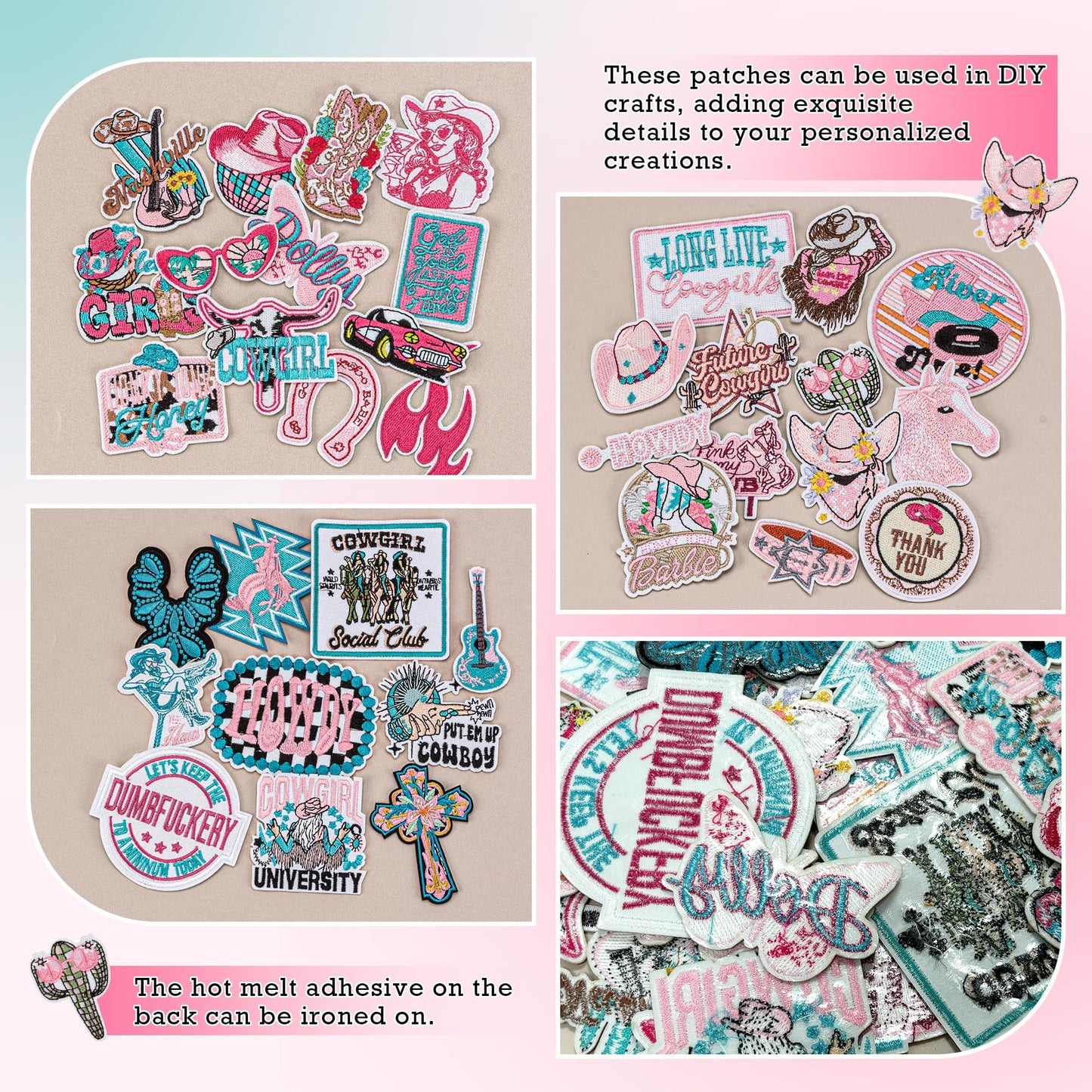 ZIFTY 36Pcs Iron on Patches for Clothes Hat Western Cowgirl Pink Embroidered Patches for Backpacks Applique Aesthetic Stuff Bulk for Clothing, Jackets, Jeans, Hats DIY Accessories