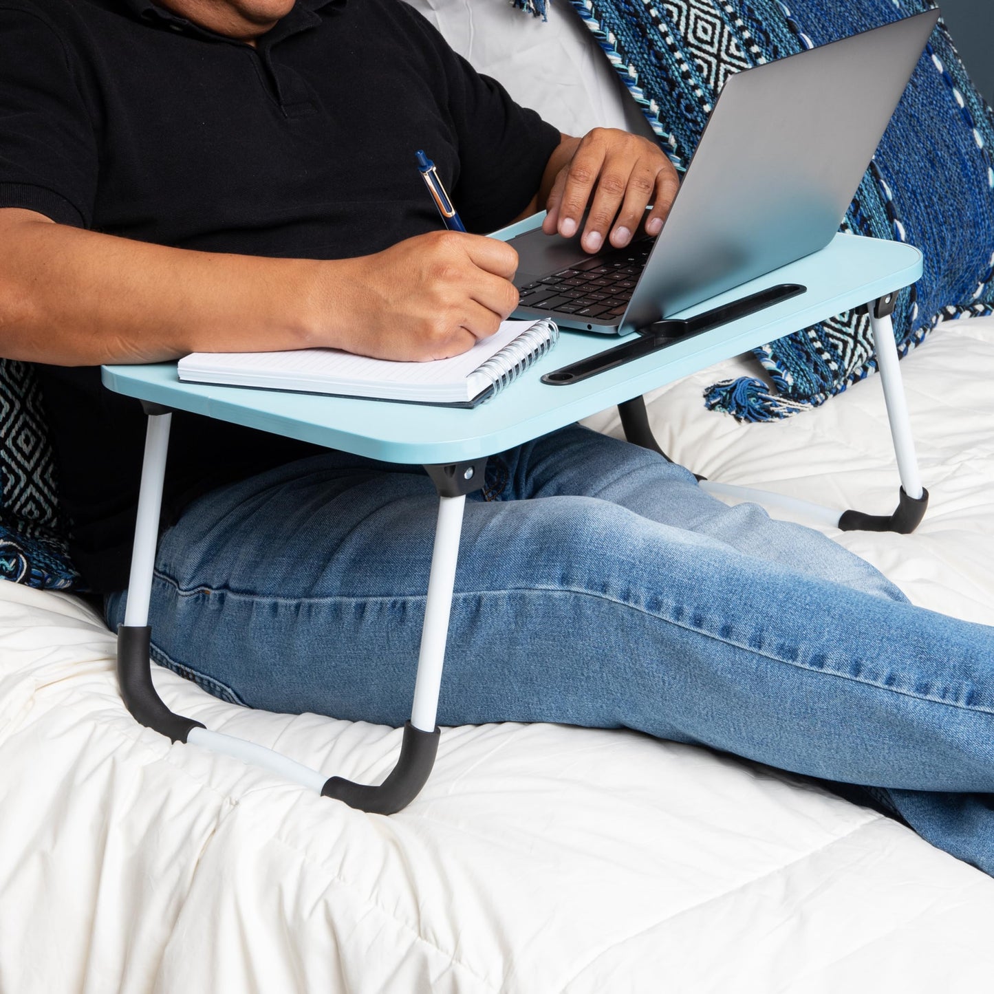 Mind Reader Lap Desk Laptop Stand, Bed Tray, Folding Legs, Couch Table, Portable, MDF, 23.25" L x 13.75" W x 10.5" H, Blue
