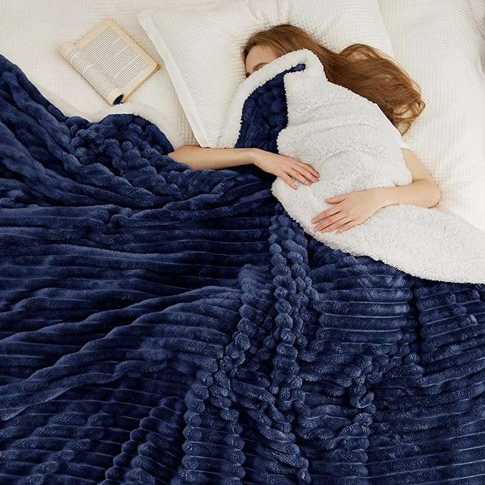 Bedsure Sherpa Blanket King Size for Bed - Super Soft, Cozy Fleece Thick Warm Blanket for Winter, GentleSoft Home Room Decor, Navy Blue, 108x90 Inches