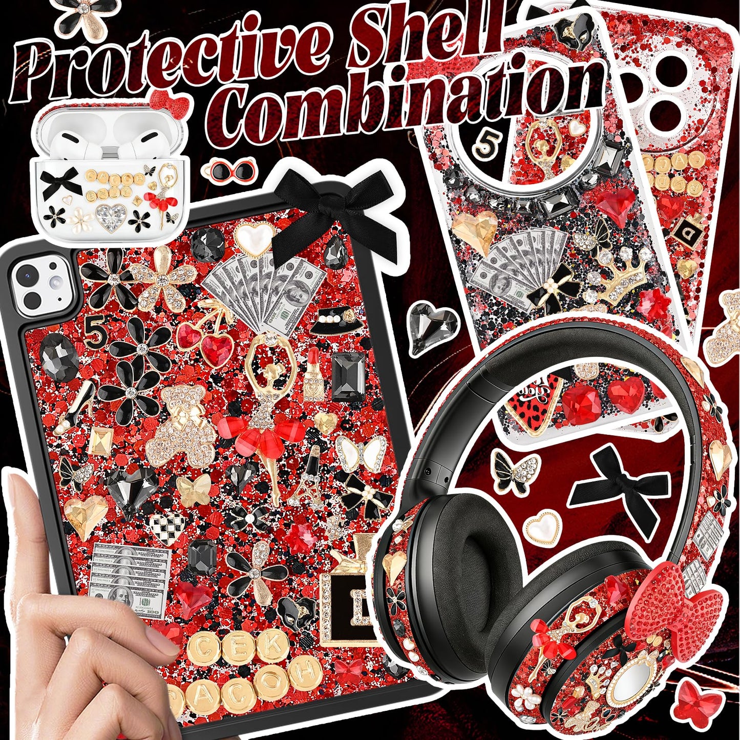 Prdingfy Red Junk Case Charms Kit, Black & Red DIY Phone Case Decorations with Rhinestones, Letter Beads, Mirror & Tools for Customizing Bling Junk Phone Cases & Personalized Gifts