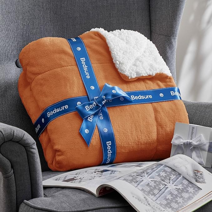 Bedsure Sherpa Fleece Blankets Queen Size for Bed - Thick and Warm, Soft Fuzzy Plush Queen Blanket for Winter, Burnt Orange, 90x90 Inches