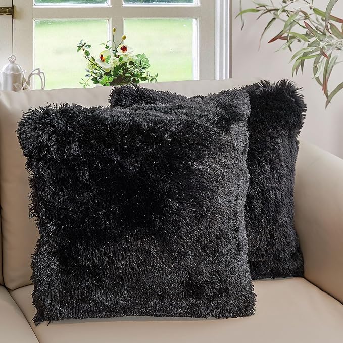 Cheer Collection Throw Pillows for Couch and Bed, Soft Shaggy Throw Pillows with Inserts Included, Cozy Long Hair Faux Fur Pillows - Set of 2-18" x 18" - Black