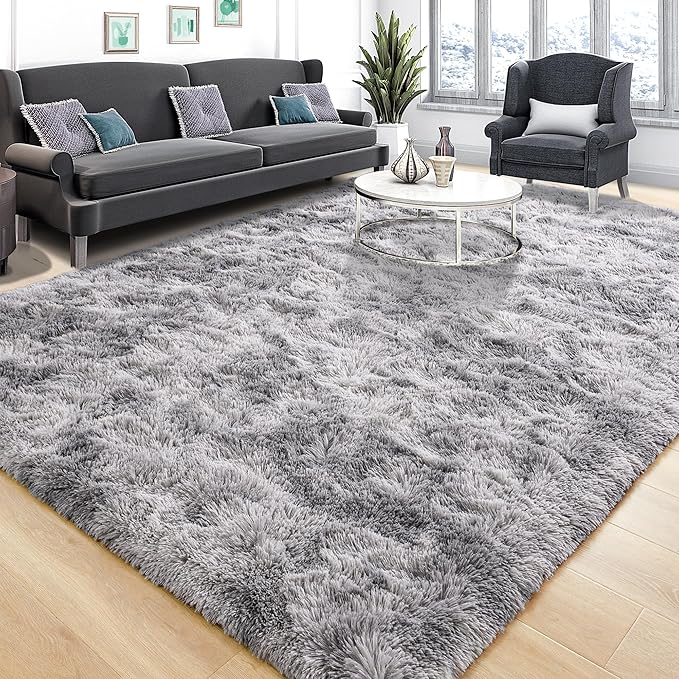 Tepook Soft Fluffy Rugs for Bedroom, 4x6 Area Rug for Living Room, Modern Shaggy Room Rug for Kids Boys Girls, Plush Throw Rugs Indoor Nursery Home Decor Rug with Non-Slip Bottom, Tie-dye Light Grey