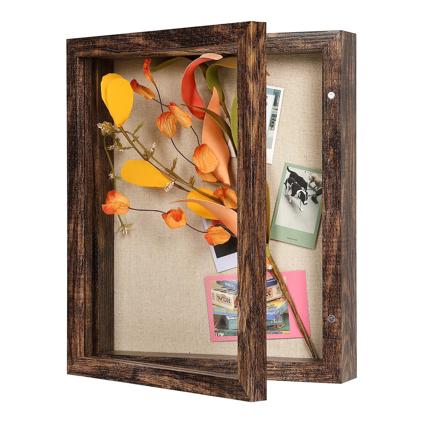 8x10 Shadow Box Frame with Linen Back - Real Glass, Push Pins Included, Sturdy Rustic Memory Display Case, Fits 6.8x8.8 Inserts