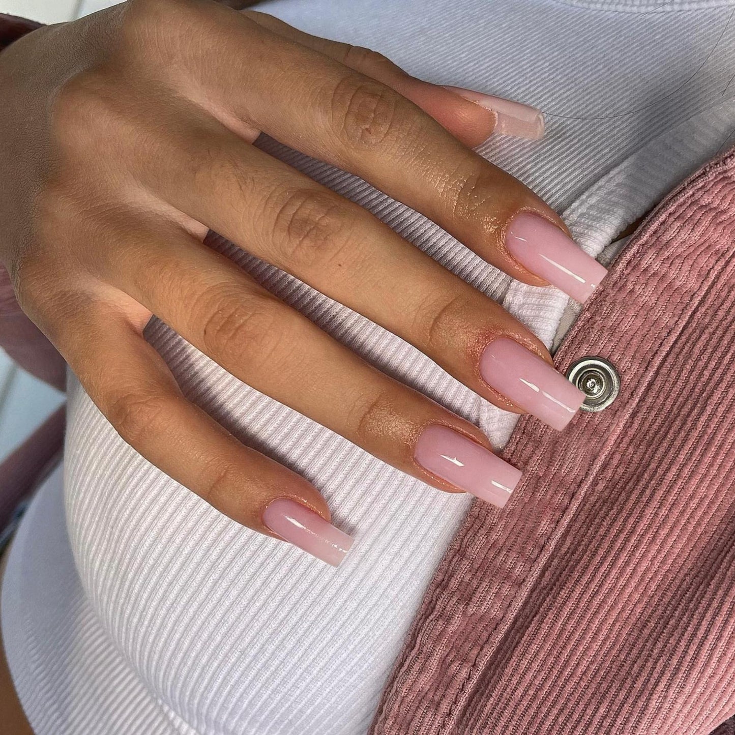 KQueenest Light Pink Press on Nails Long Medium, Sheer Pastel Pink Fake Nails Press ons, Glossy Soft Gel Glue on Nails Medium Coffin, Reusable Opaque Square Tip Stick on Nail for Women, 24 Pcs