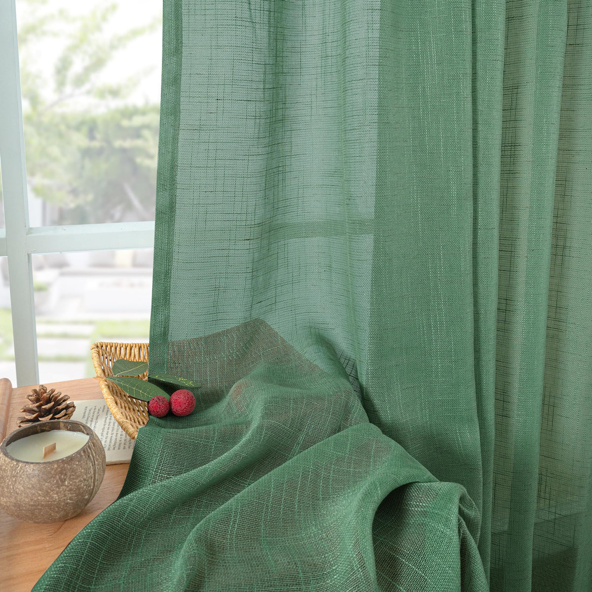 Green Linen Semi Sheer Curtains 72 Inch Length (2 Count)