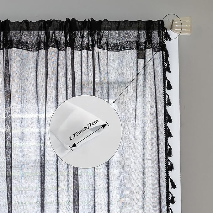 Black Sheer Curtains 102 inch Long, Fringed Edges and Textured Semi Sheer Curtains Large Window Treatments for Living Room/Bedroom, 2 Panels