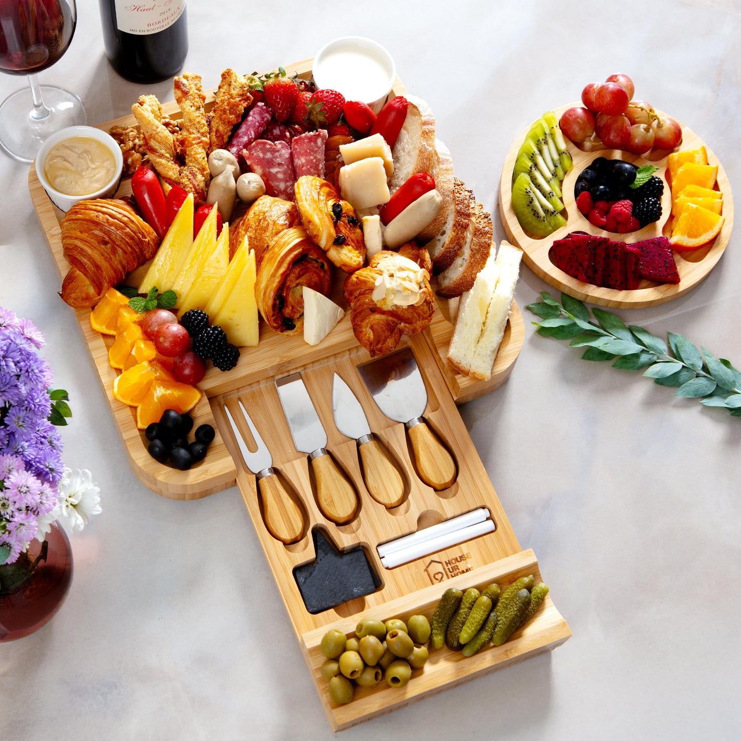 Large Bamboo Charcuterie Board Set with Hidden Drawer Storage | Cheese Board with Knives & Bowls | Perfect Housewarming, Bridal Shower