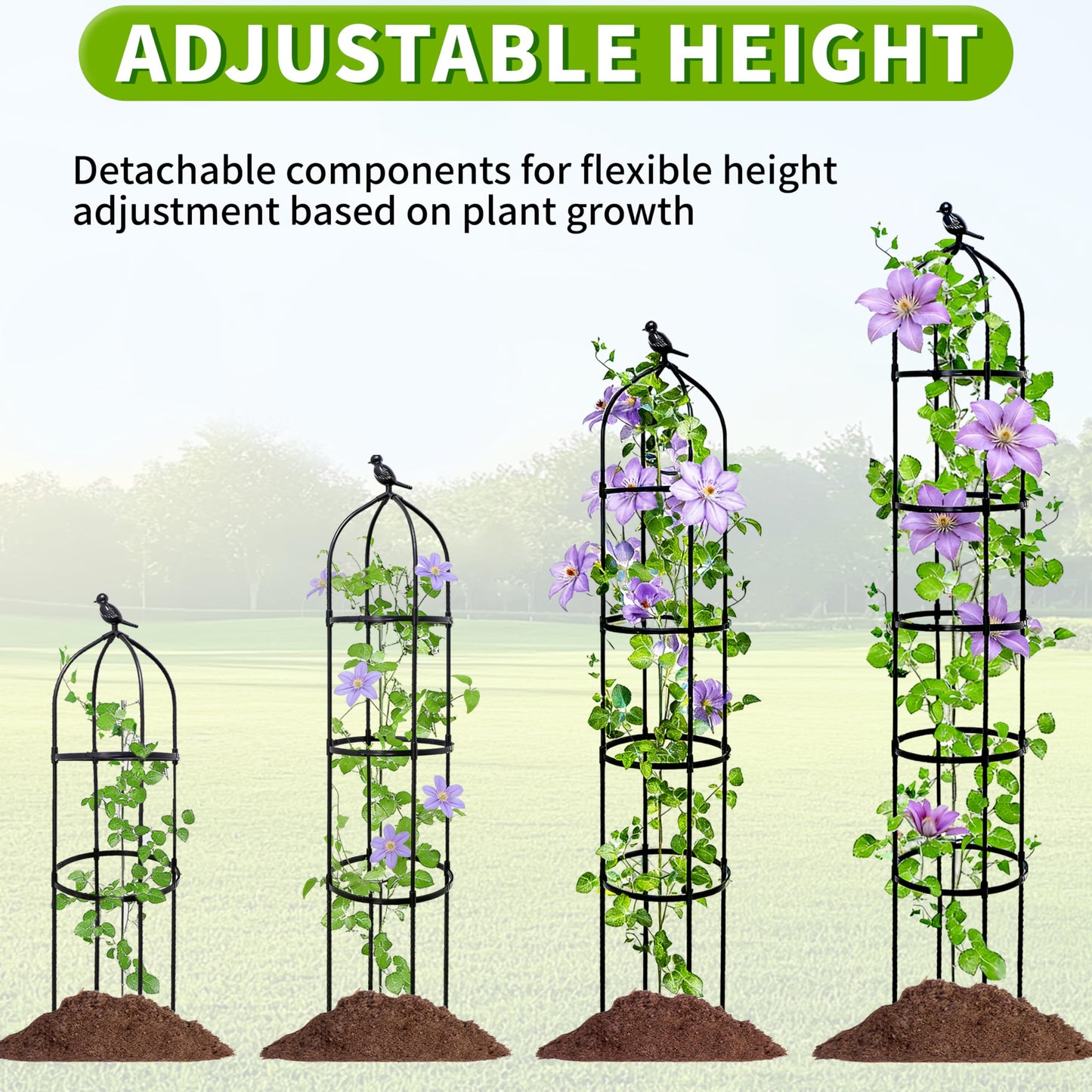 6.7FT Garden Obelisk Trellis for Climbing Plants,Adjustable 5-Tier Metal Plant Support,Rustproof Outdoor Plant Tower with 3 Decorative Tops for Roses,Tomatoes,Clematis & Vines,Black
