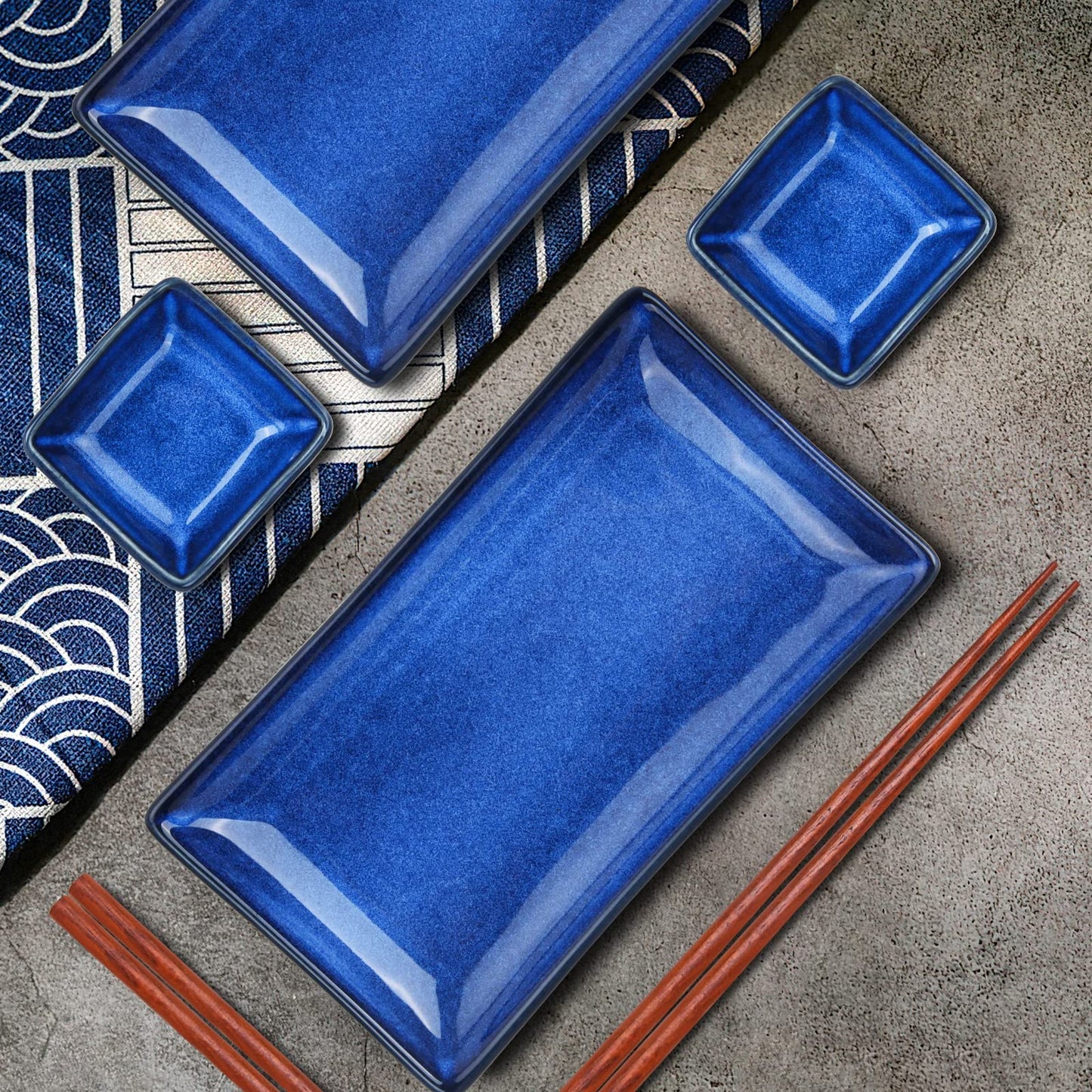 uniidea Ceramic Sushi Serving Tray Sets 2, 6 Pieces Japanese Style Porcelain Sushi Plate Set with Soy Sauce Dishes, Bamboo Chopsticks Housewarming Gift, Blue