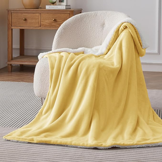 Bedsure GentleSoft Sherpa Fleece Throw Blanket Twin Size for Couch - Thick and Warm, Soft Fuzzy Plush Twin Blanket for Winter, Yellow, 60x80 Inches