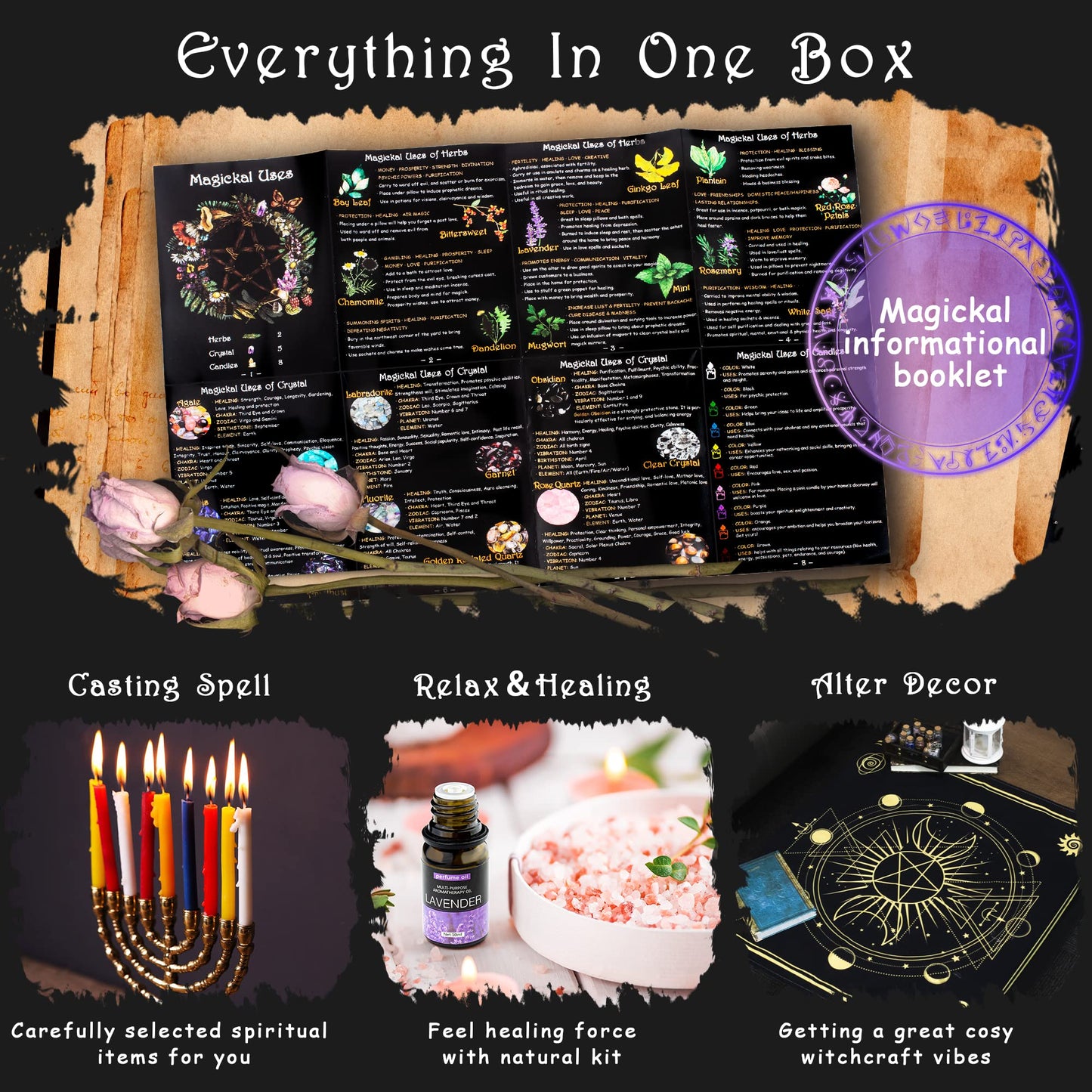 TigeJoy Witchcraft Supplies Witch Stuff Spell Kit 60PCS, Wiccan Tools, Include Herb Crystal Candle Amethyst Altar Bowl Witch Bell, Witch Gift Wiccan Starter Kit Altar Supplies Pagan Decor