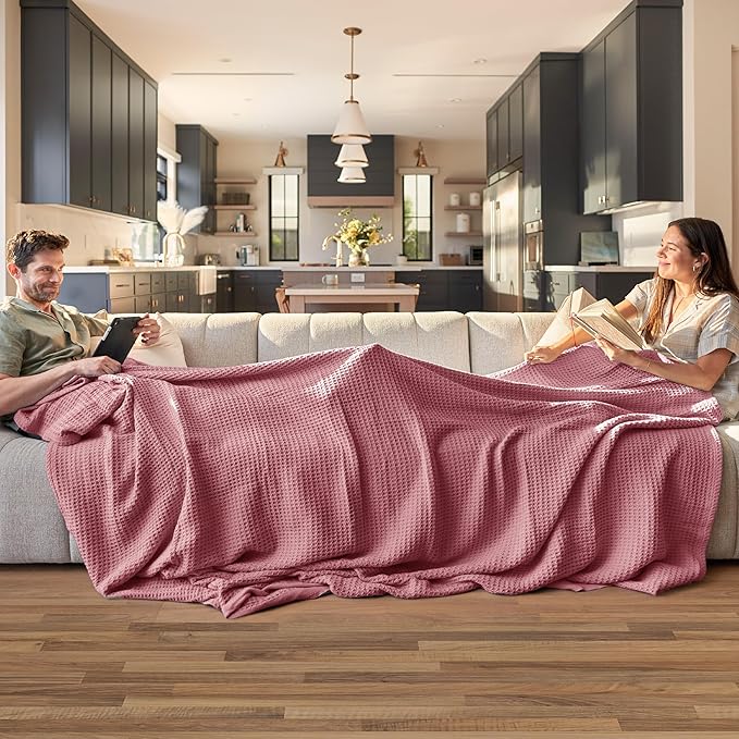 Bedsure 100% Cotton Blanket King Size for Bed - Breathable and Soft, Waffle Weave Blanket for Summer Spring, Dusty Rose, 104x90 inches