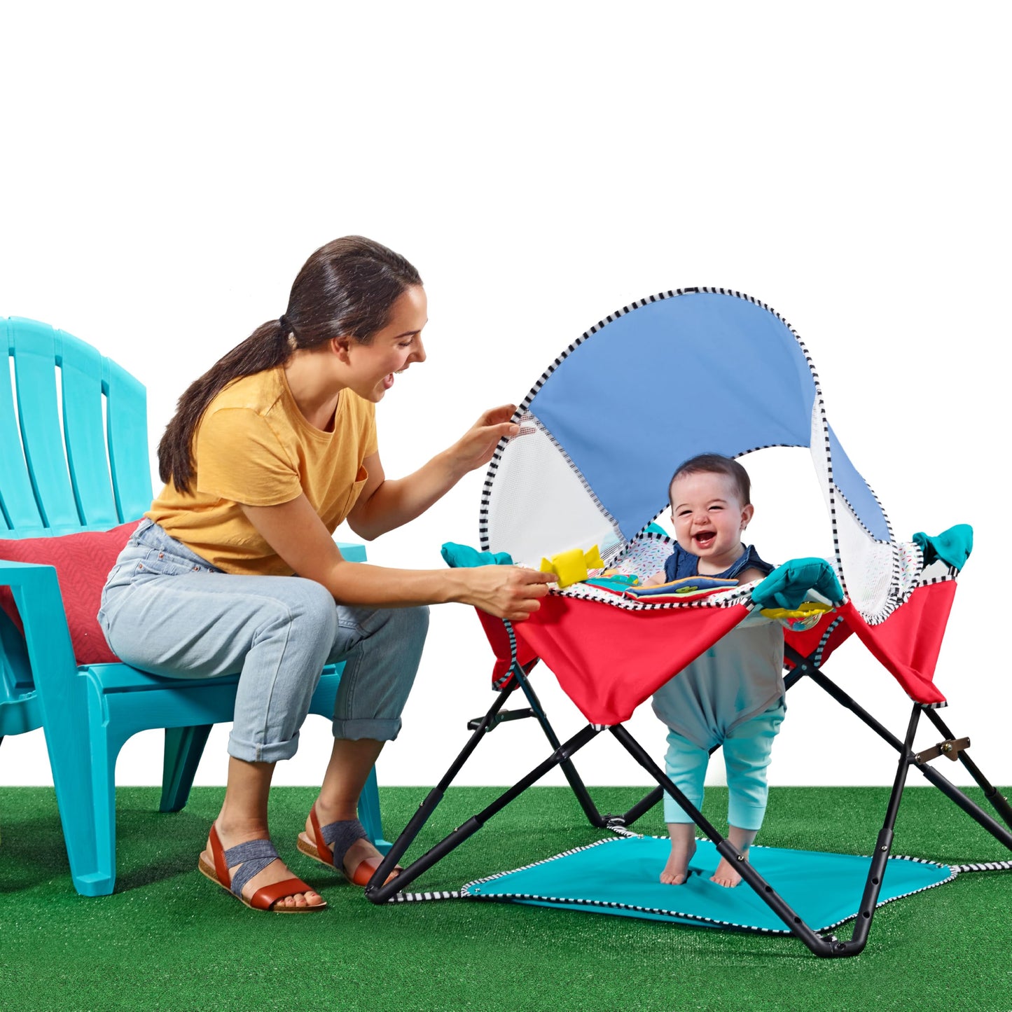 Bright Starts, Pop 'N Jump Portable Baby Activity Center, Indoor Outdoor Use, Lightweight, Carrying Bag, Canopy, 6-12 Months (Animals)