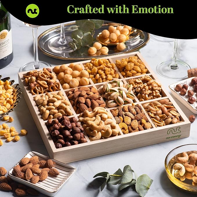 NUT CRAVINGS Gourmet Collection - Thinking of You, Nuts Gift Basket with Thinking of You Ribbon + Greeting Card in Reusable Wooden Tray (12 Assortments) Food Arrangement Healthy Snack Food Assortments