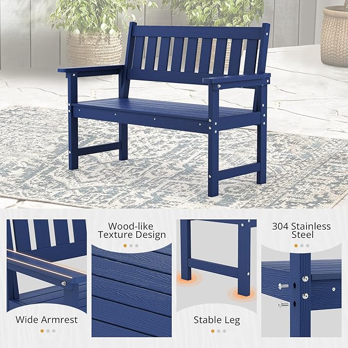 LUE BONA Outdoor Bench, 2-Person HDPS Garden Bench, Outdoor Benches Weatherproof, All-Weather Fade/Rot Resistant Patio Bench for Park, Front Porch, Backyard (Navy)