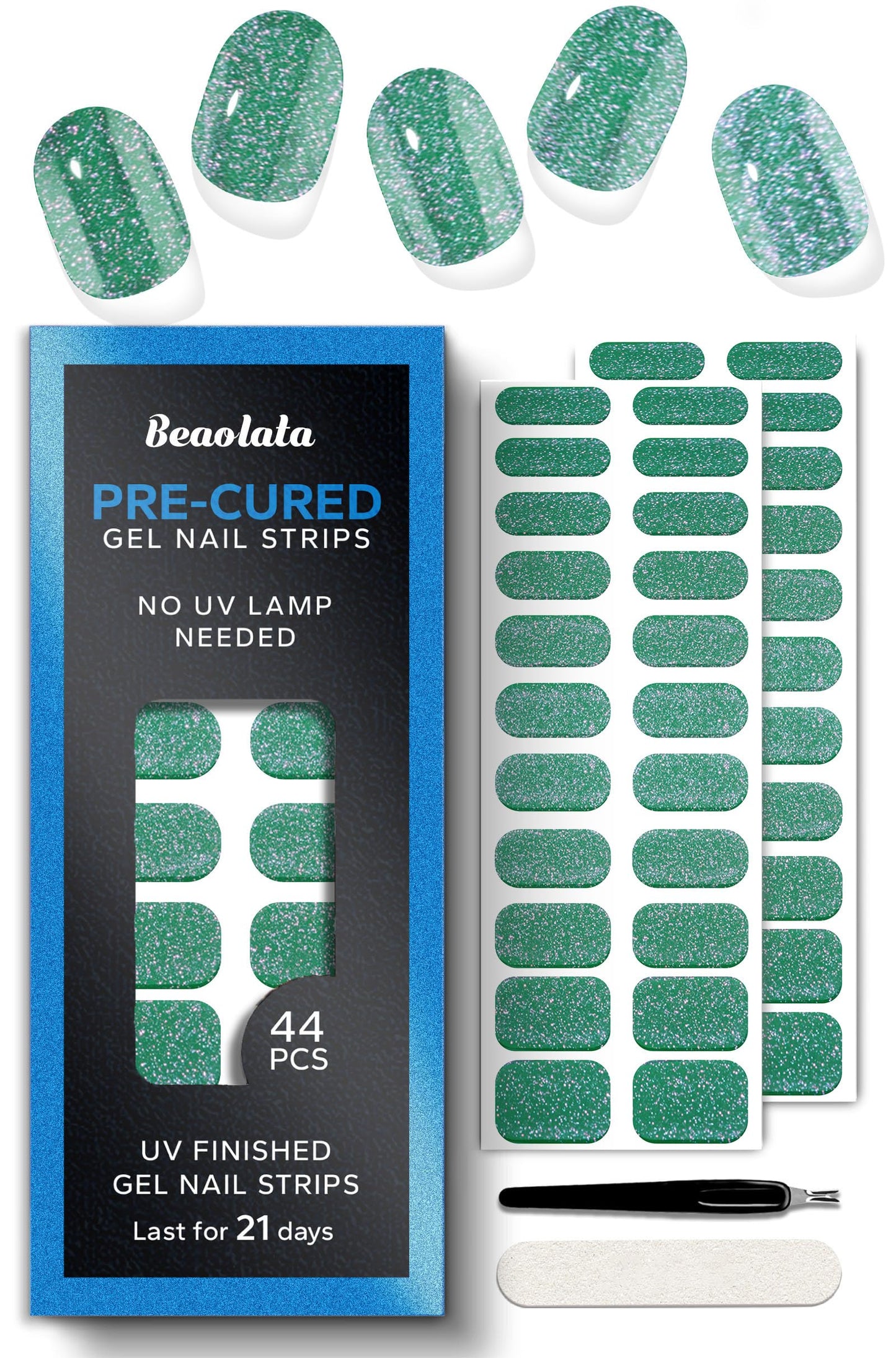 Beaolata Real Gel Nail Strips (No UV Light Needed) - 44Pcs Salon Quality Nail Stickers - Long Lasting Polish Wraps for Women, Easy Apply & Remove (Aquamarine)