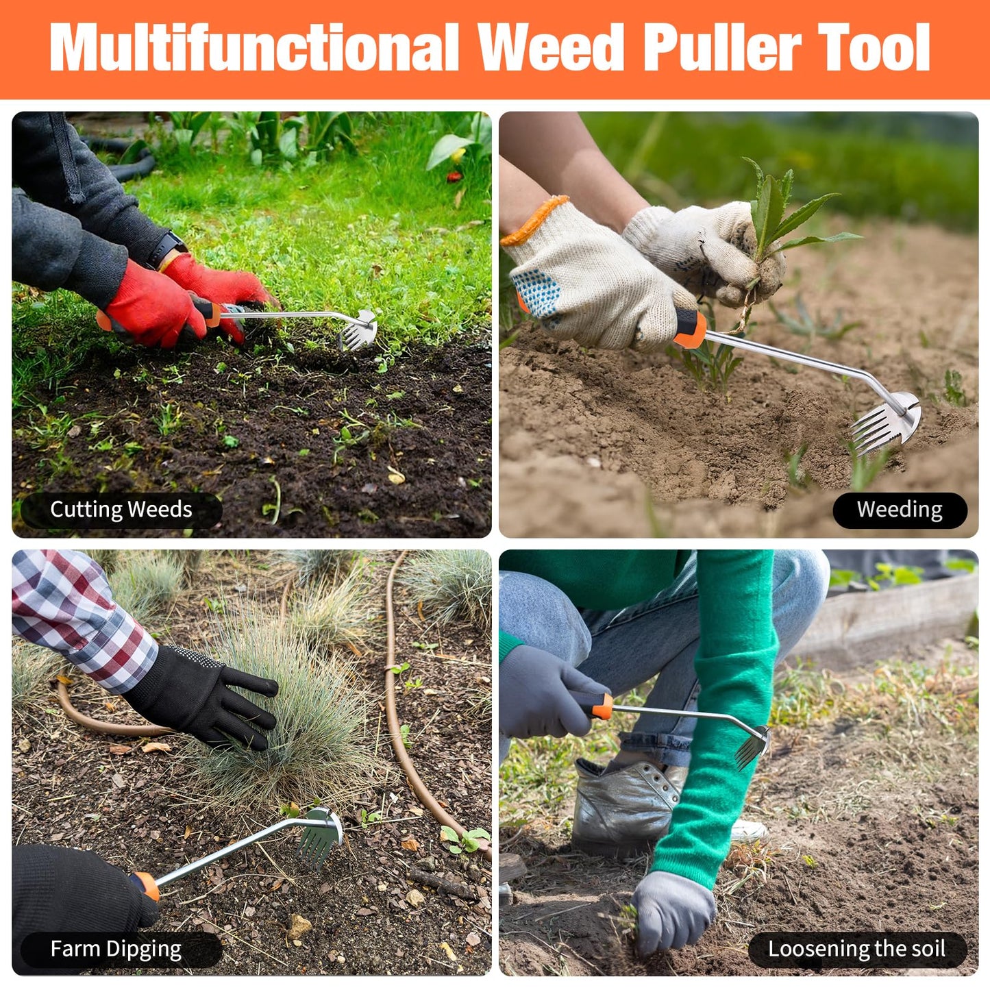 Weed Puller Tool, Portable Garden Weeder Tool, 2026 New Model Rubber Non-Slip Handle Stainless Steel 5-Teeth Weeding Tool, Garden Tools for Vegetable Gardening Backyard Farm Planting & Weeding Tool