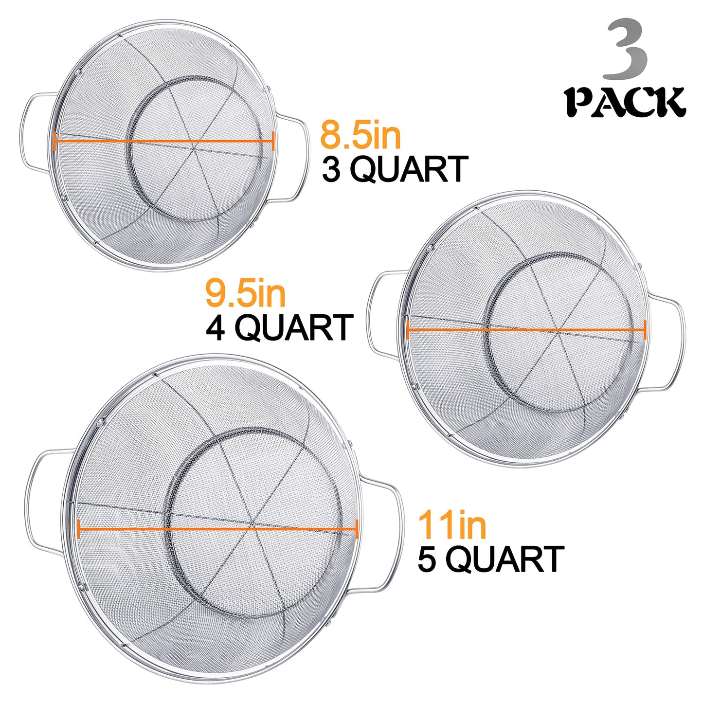 3 Pack 18/8 Stainless Steel Colander Sieves(5-Quart, 4-Quart and 3-Quart), Mesh Strainer Net Baskets with Handles & Resting Base for Strain, Drain, Rinse or Steam