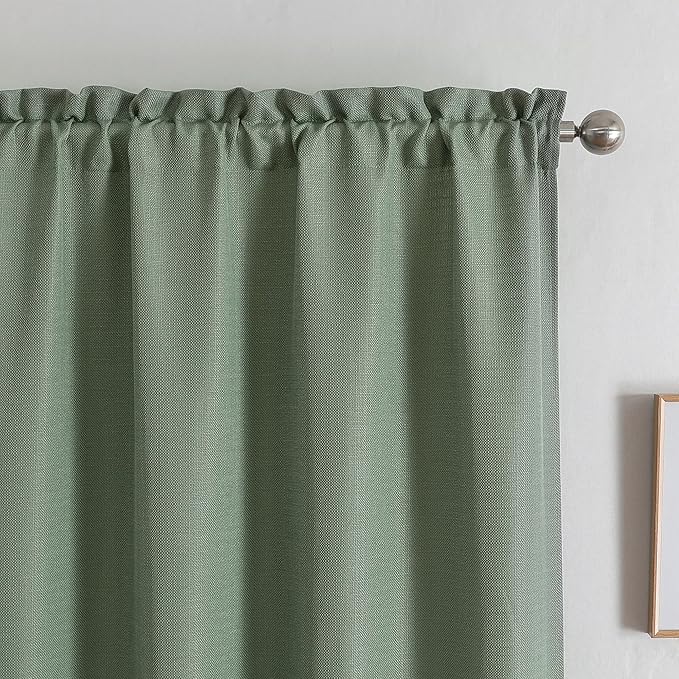 Chyhomenyc Sage Green Valance for Windows, Faux Linen Slub Textured Semi Sheer Small Window Valance Curtain for Kitchen Bathroom Cafe Laundry Basement, 30Wx14L inch, 2 Piece