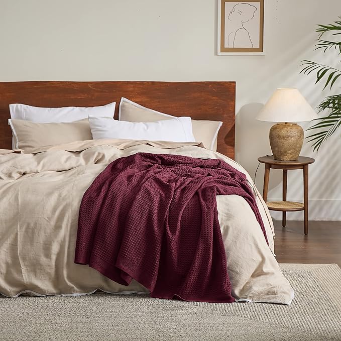 Bedsure 100% Cotton Blanket Twin XL Size for Bed - Breathable and Soft, Waffle Weave Blanket for Summer Spring, Burgundy Red, 66x90 inches