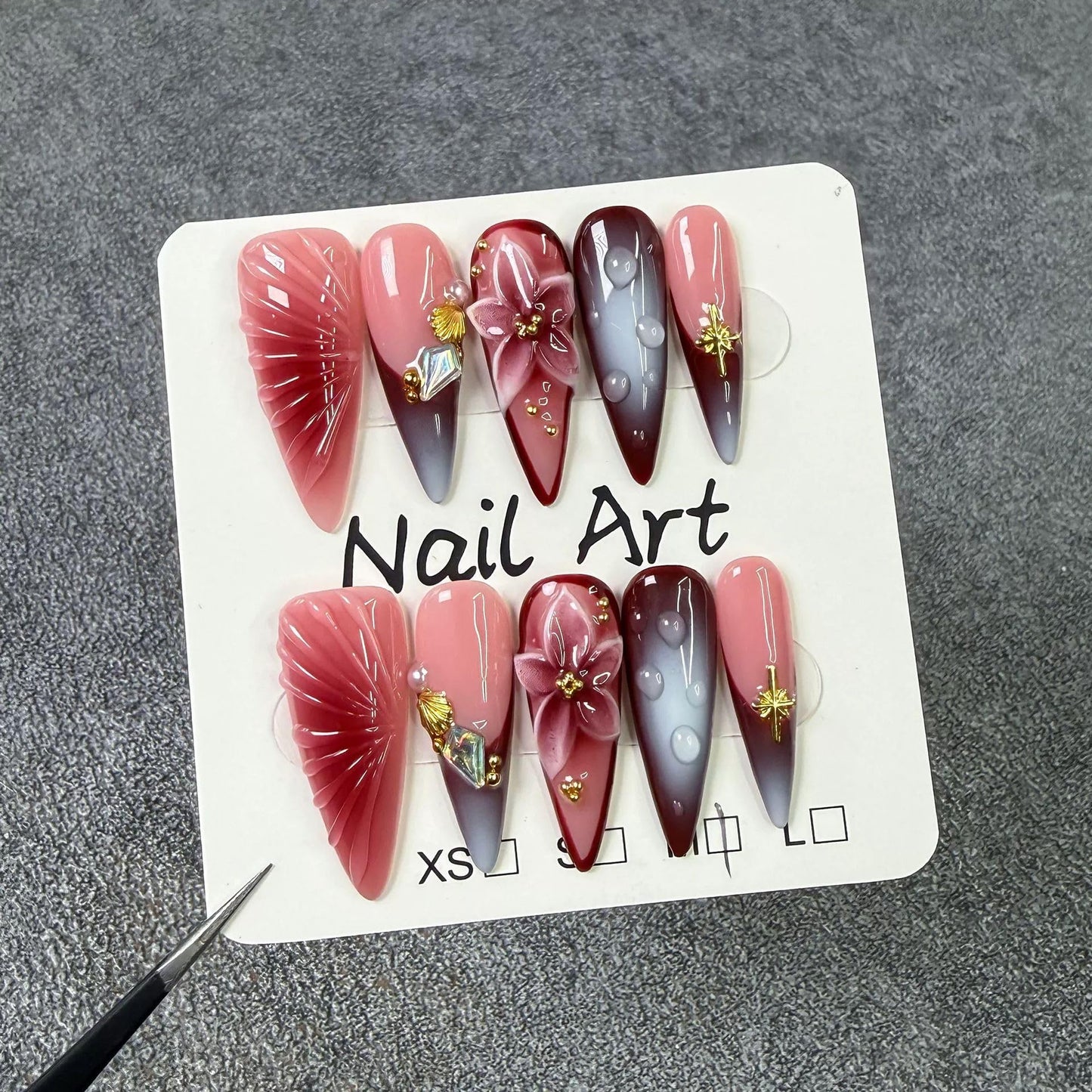 Threelegscat Handmade Press on Nails Long Almond Shape Fake Nails Stiletto Nail With Design for Women and Girls 10pcs Size M Pattern St1153
