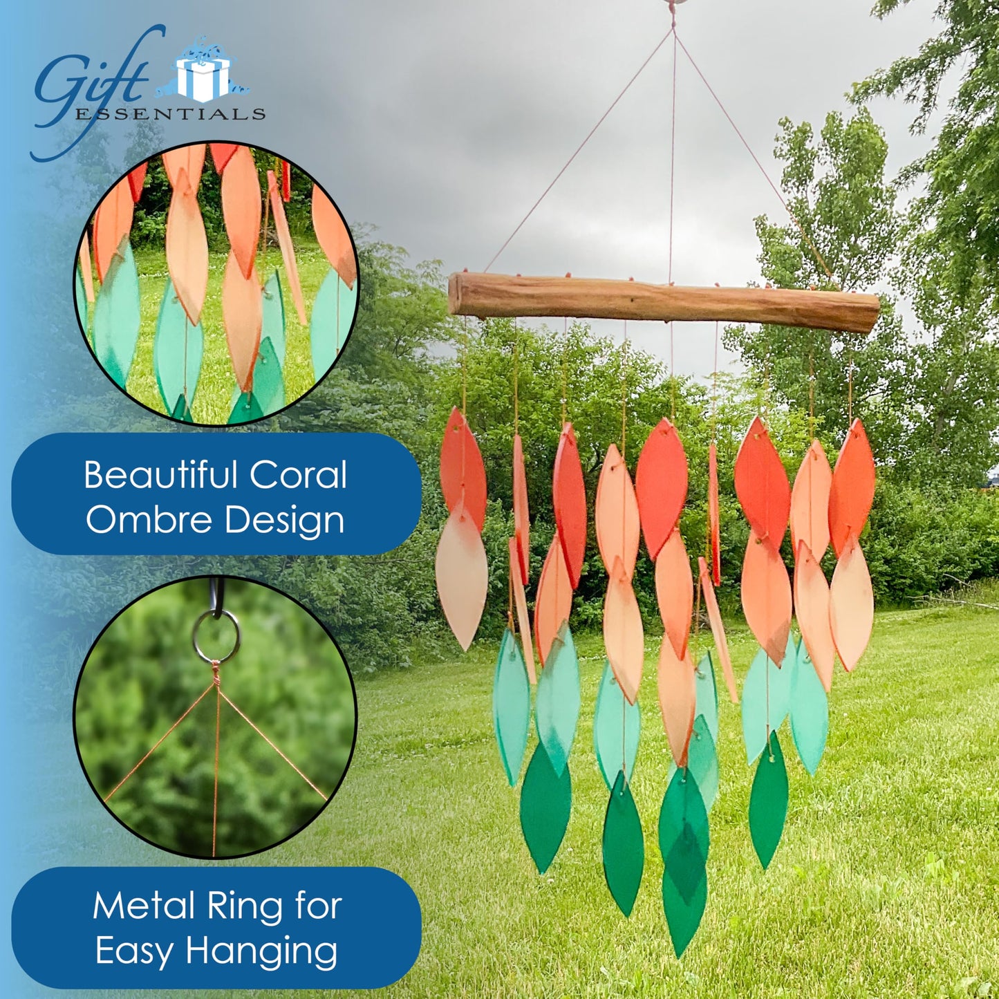 Blue Handworks Coral Ombre Waterfall Glass and Driftwood Chime, Sandblasted Glass and Found Wood Handcrafted Wind Chime