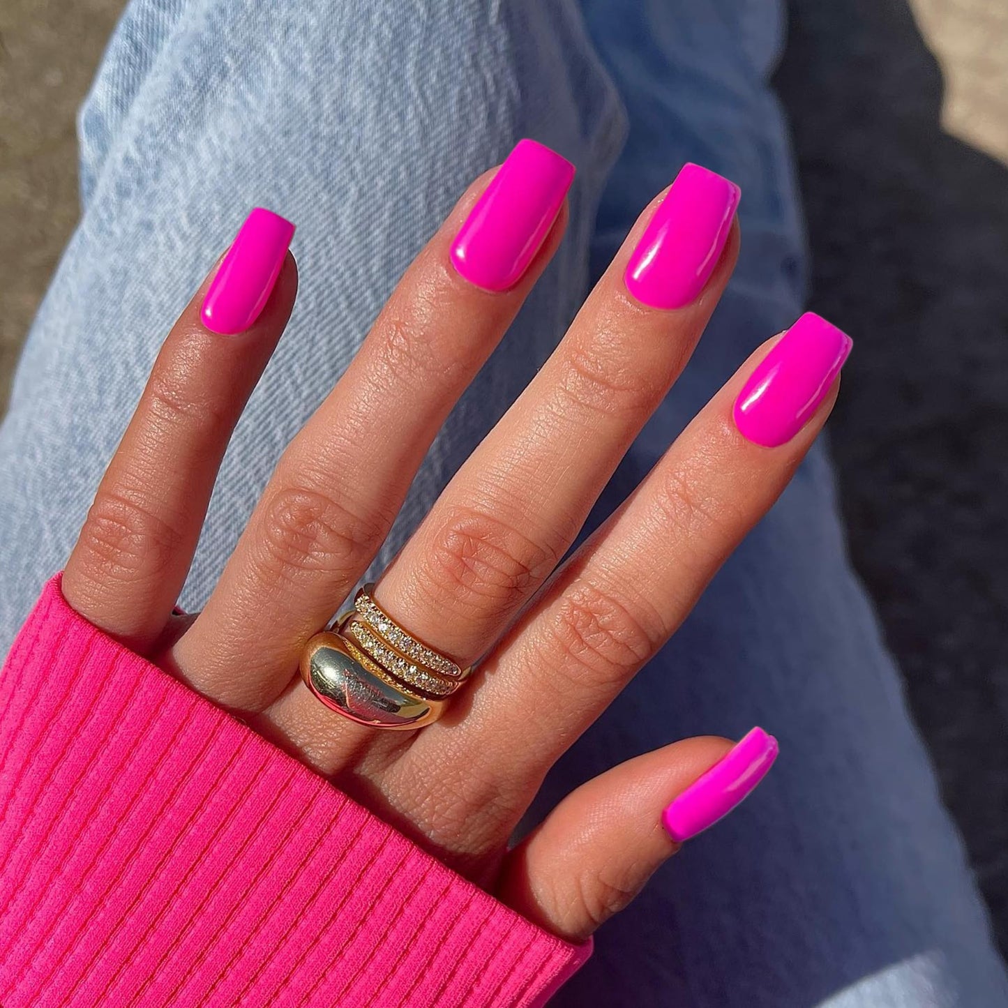 KQueenest Hot Pink Press on Nails Short Medium Square&Hot Pink Press on Nails Medium Long Square For Beach Party Daily Decoration in 48 PCS