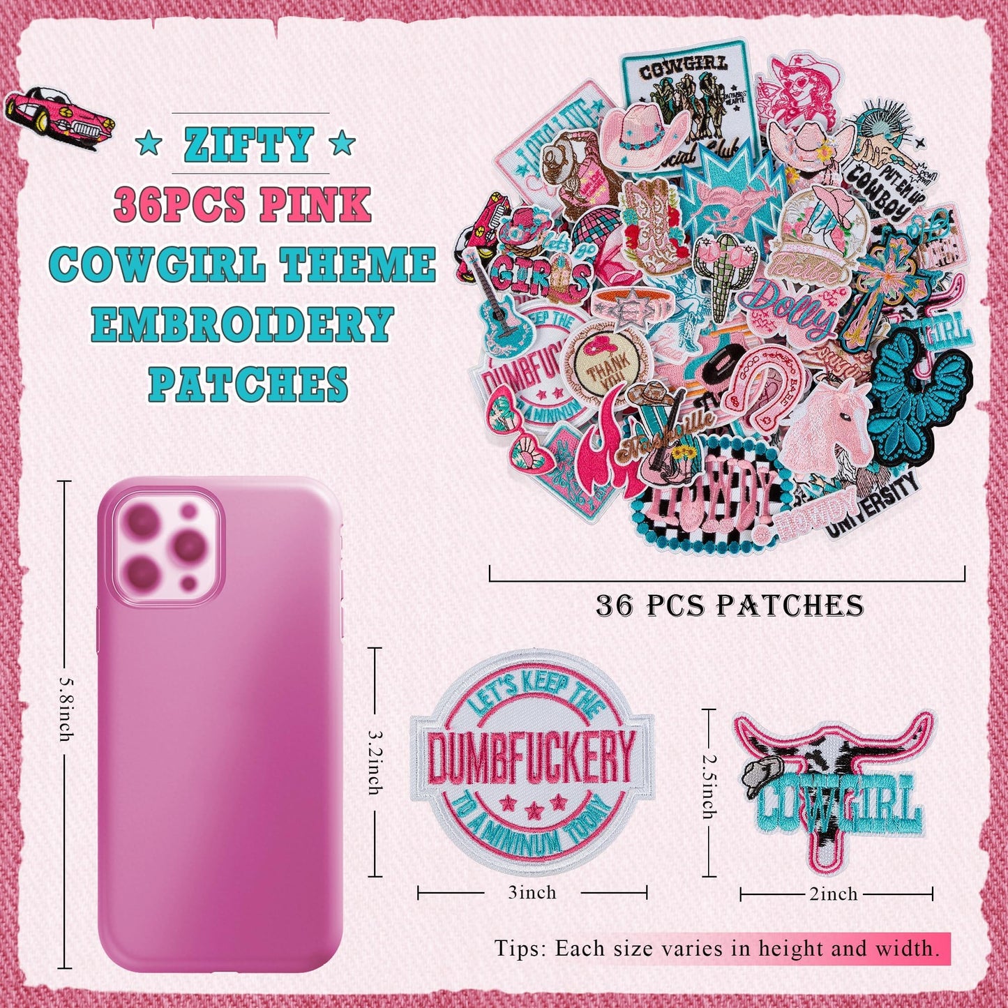 ZIFTY 36Pcs Iron on Patches for Clothes Hat Western Cowgirl Pink Embroidered Patches for Backpacks Applique Aesthetic Stuff Bulk for Clothing, Jackets, Jeans, Hats DIY Accessories