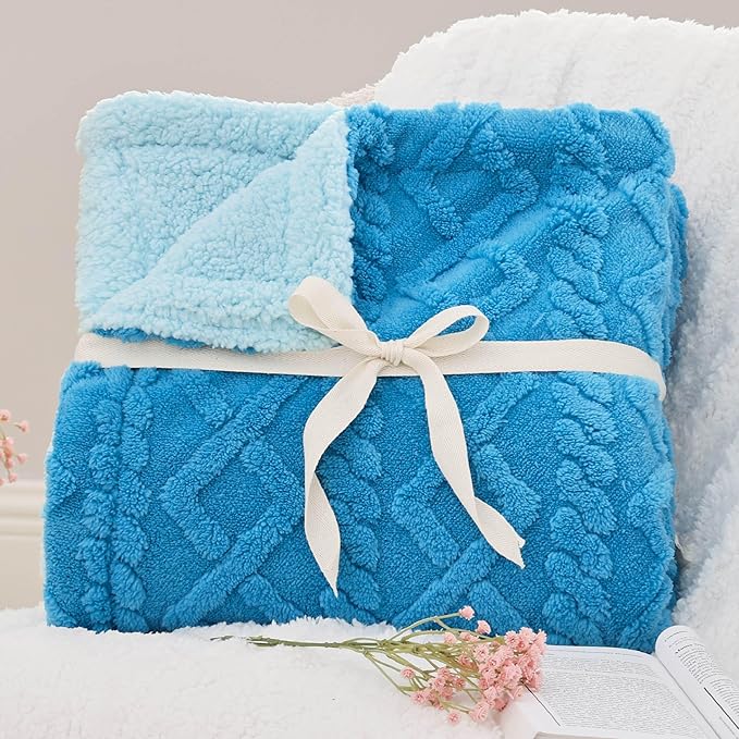 Bedsure Sherpa Fleece Throw Blanket for Couch - GentleSoft Fluffy & Cozy Cable Jacquard Tufted Throw for Women Gift, Thick and Warm Blankets for Winter, Horizon Blue, 50x60 Inches