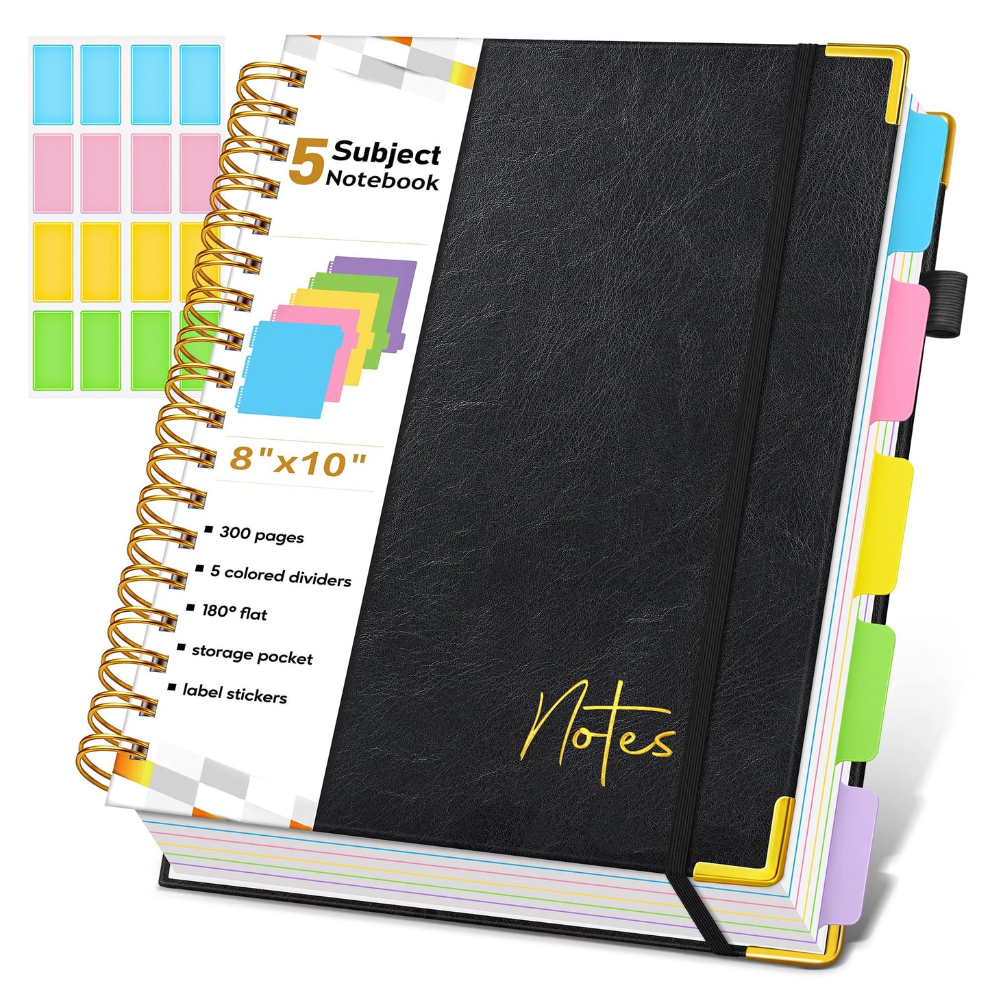 Spiral Notebook Journal with Removable Dividers Tabs, 300 Pages Hardcover Leather 5 Subject College Ruled Notebook, 8"x10" Large B5 Lined Journal for Women Men, Spiral Notebooks for Work School, Black