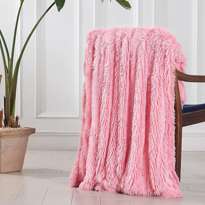 Tuddrom Decorative Extra Soft Faux Fur Blanket Queen Size 80" x 90",Solid Reversible Fuzzy Fluffy Cozy Plush Fleece Comfy Microfiber Fur Blanket for Couch Sofa Bed,Pink