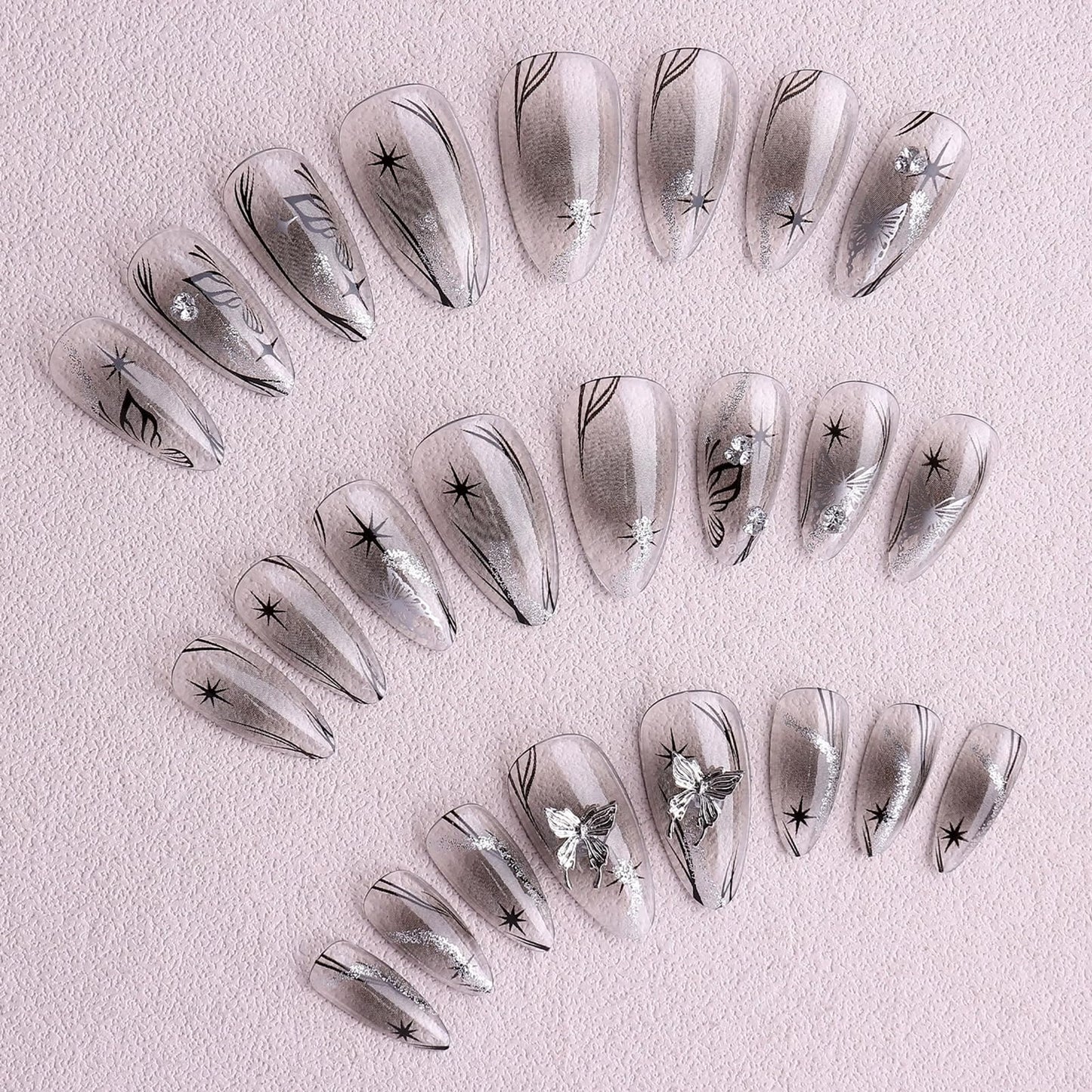 Long Press on Nails Almond Fake Nails 3D Butterfly Stick on Nails Black Glitter False Nails for Women Manicure Decoration 24Pcs