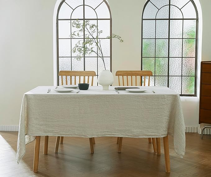 100% French Flax Linen Tablecloths Rectangle 132Lx60W Inch for Dinners, Parties, Easter, Halloween, Camping, Stone Washed, Textured, Machine Washable, 12-14 Sets (60''x132'', Natural Linen)