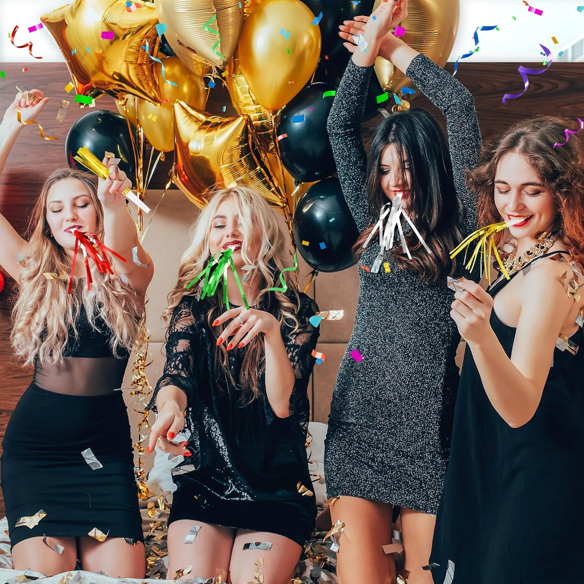 12 Pcs Glitter Noise Makers Metallic Fringed Party Blower for Adults Birthday Graduation New Years Party Favors Supplies (Gold and Silver)