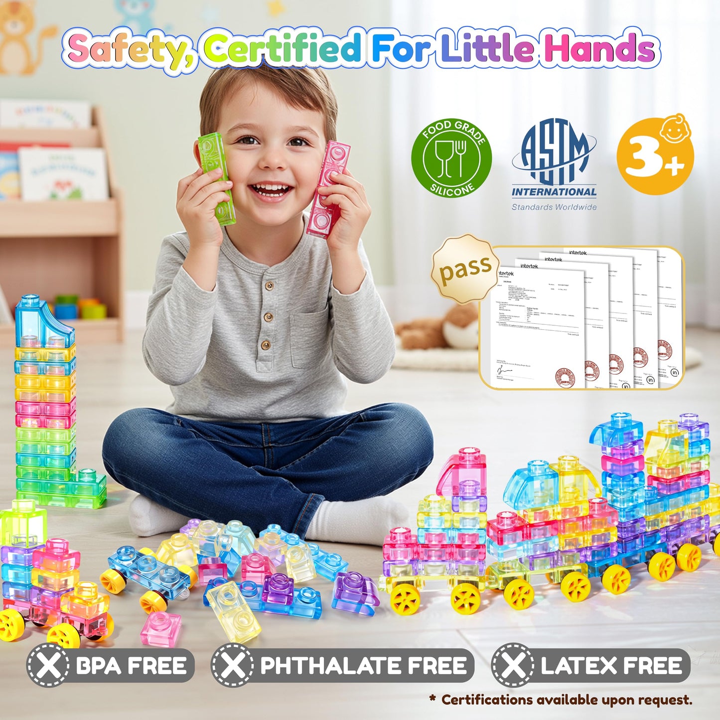 Soft Train Building Blocks with Wheels, 42 PCS Montessori Sensory Stacking Blocks, Toddler Learning Toy with Station, Squeezable, Stretchable & Stackable Tactile Toys, Preschool Creative Play for Kids