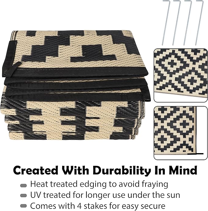 SAND MINE Reversible Mats, Plastic Straw Rug, Modern Area Rug, Large Floor Mat and Rug for Outdoors, RV, Patio, Backyard, Deck, Picnic, Beach, Trailer, Camping, Black & Beige, 6' x 9'