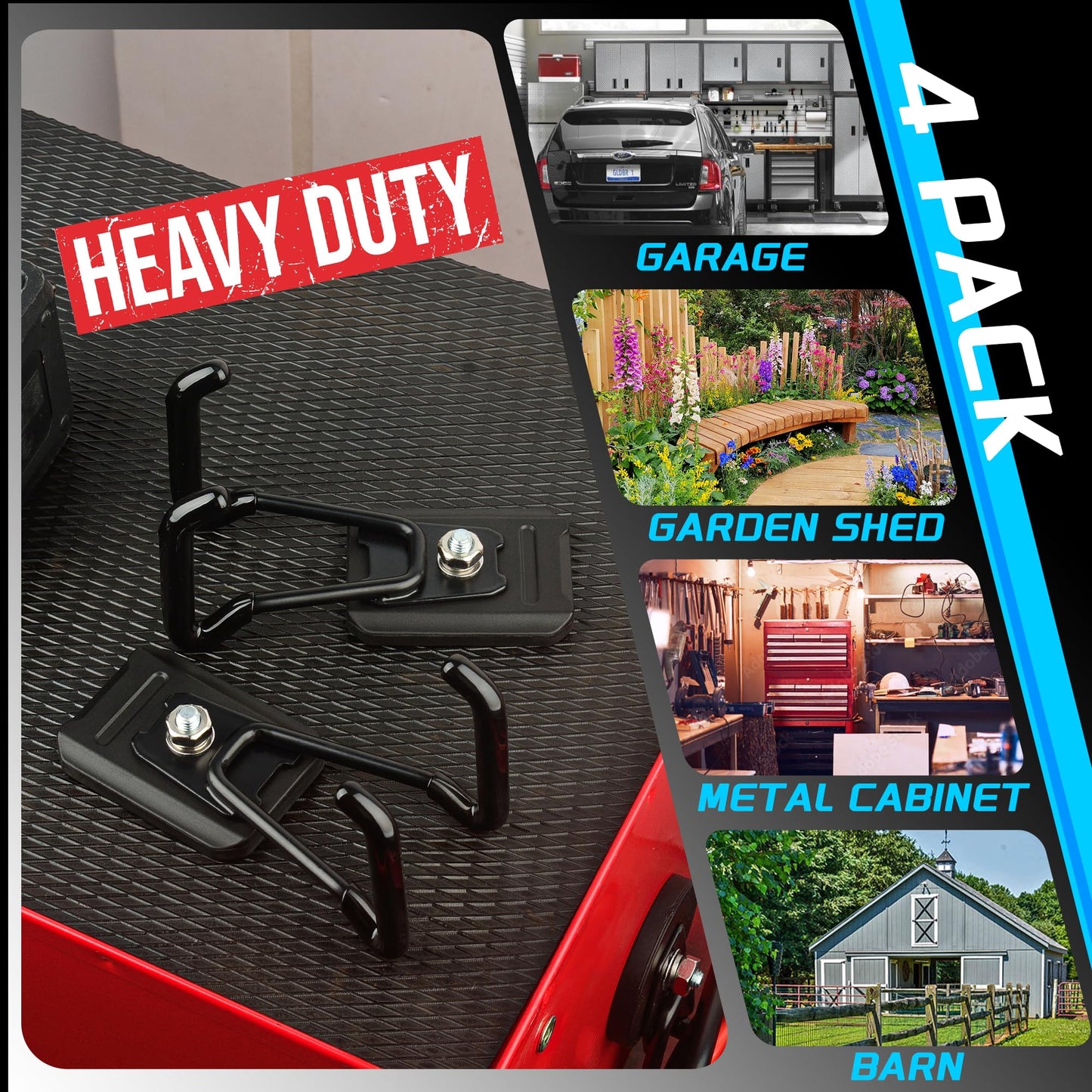 UNUSFIRE Heavy Duty Magnetic Hook, Large Utility Storage Magnetic Garage Hooks, Strong Magnet Hooks for Hanging Power Tool Hose Drill Metal Cart in Garden Workshop Kitchen (4Pack)