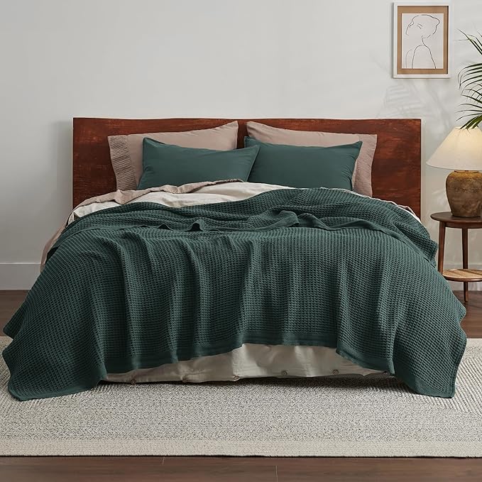 Bedsure 100% Cotton Blanket King Size for Bed - Breathable and Soft, Waffle Weave Blanket for Summer Spring, Dark Green, 104x90 inches