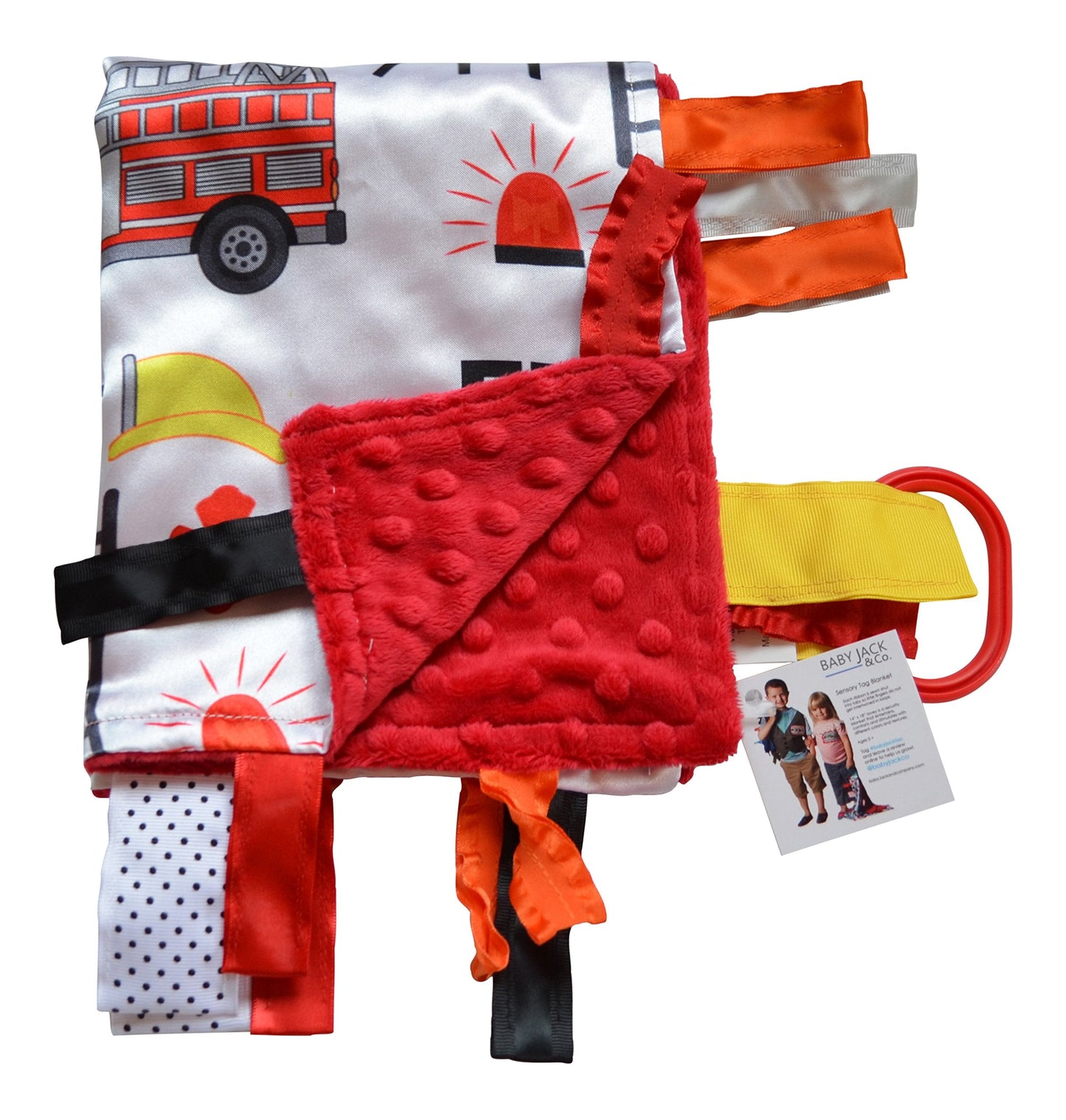Baby Sensory, Security & Teething Closed Ribbon Tag Lovey Blanket with Minky Dot Fabric: 14”X18” (Firefighter)