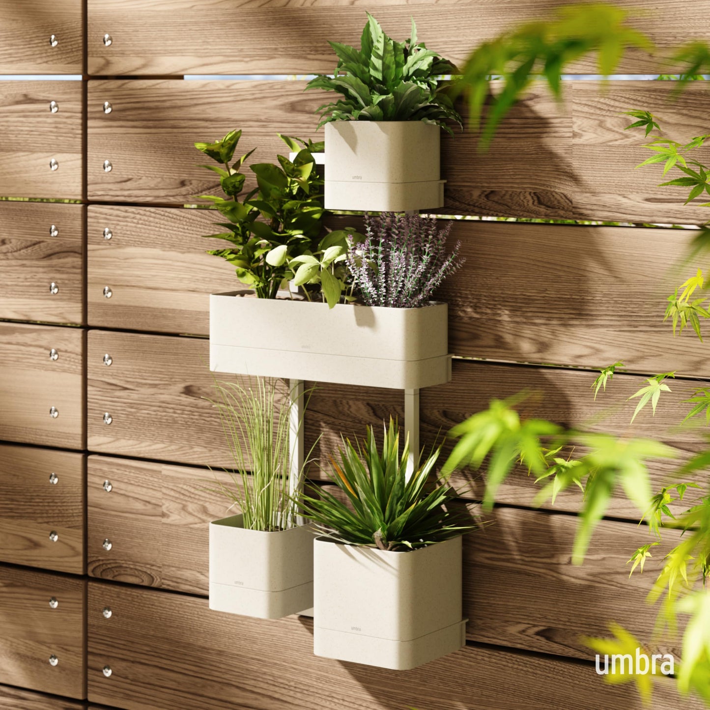 Umbra Cubiko Wall-Mount Planter with Four Adjustable Pots, Suitable for Indoor or Outdoor Use, Sand