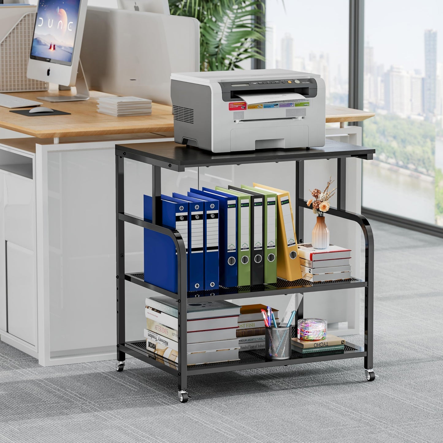 niffgaff Mobile Printer Stand with Large Desktop - 3 Tier Shelf, 24.4 Inch Height, Wooden Organizer for Home&Office, Black