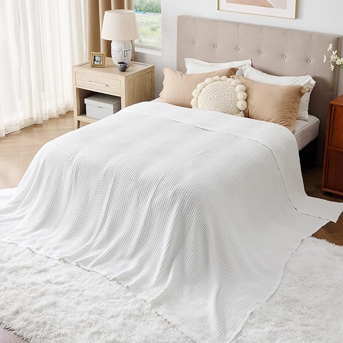 Bedsure 100% Cotton Large Blanket Oversized King for Bed - Breathable Waffle Weave Blanket for Summer Spring, Couch Cover, White, 120x94 inches