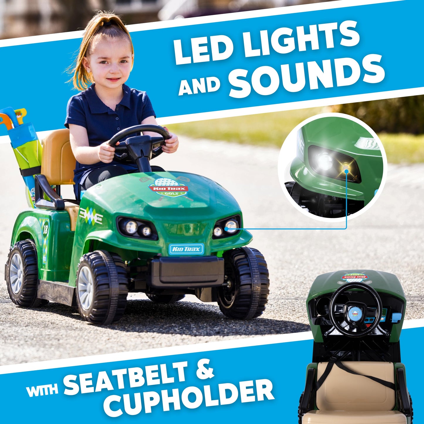 Kid Trax 6V Golf Cart Ride-On for Toddlers, Ages 3+, Golf Clubs & Balls, Lights & Sounds, 2MPH Max Speed, 66lbs Capacity, Seat Belt & Cup Holder, Rechargeable Battery, Forward & Reverse