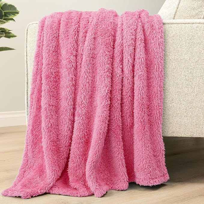 PAVILIA Sherpa Throw Blanket for Couch Sofa, Pink Fluffy Warm Plush Blanket for Twin Bed, Cozy Super Soft Lightweight Throw, Fuzzy Decorative Blanket, All Season Home, 60x80