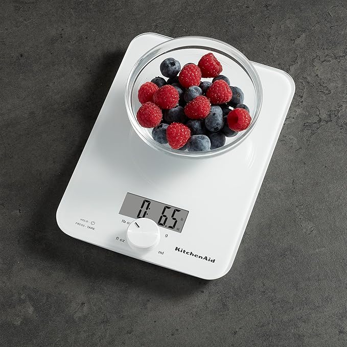 KitchenAid KQ914WH Glass Surface 11 Pound Capacity Digital Kitchen and Food Scale, Scale for Food Ounces and Grams, Dry and Liquid Ingredients, White