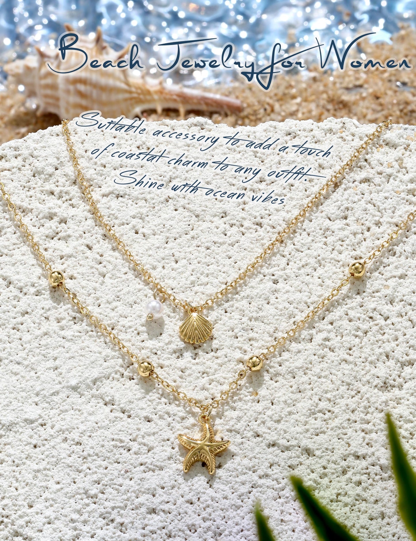 LOYALLOOK Shell Starfish Necklace for Women, 14k Gold Plated Dainty Layered SeaShell Starfish Charm Necklace Stack, Non Tarnish Waterproof Gold Beach Accessories for Summer Vacation