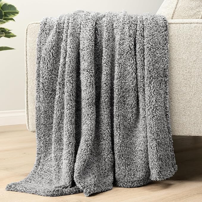 PAVILIA Sherpa Throw Blanket for Couch Sofa, Heather Grey Fluffy Warm Plush Blanket for Bed, Cozy Super Soft Lightweight Throw, Fuzzy Decorative Blanket, All Season Home, 50x60