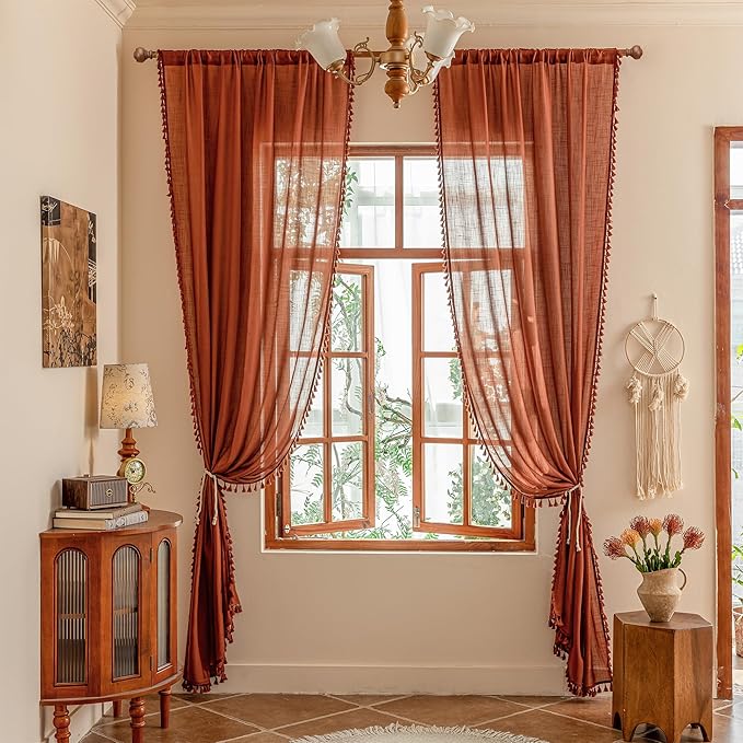 MYSKY HOME Bohemian Macrame Curtains 84 Inches Long for Living Room,Semi Sheer Light Filtering Privacy Drapes Farmhouse Coutry Home Decor for Bedroom, 50" W×84" L, Terracotta, 2 Panels