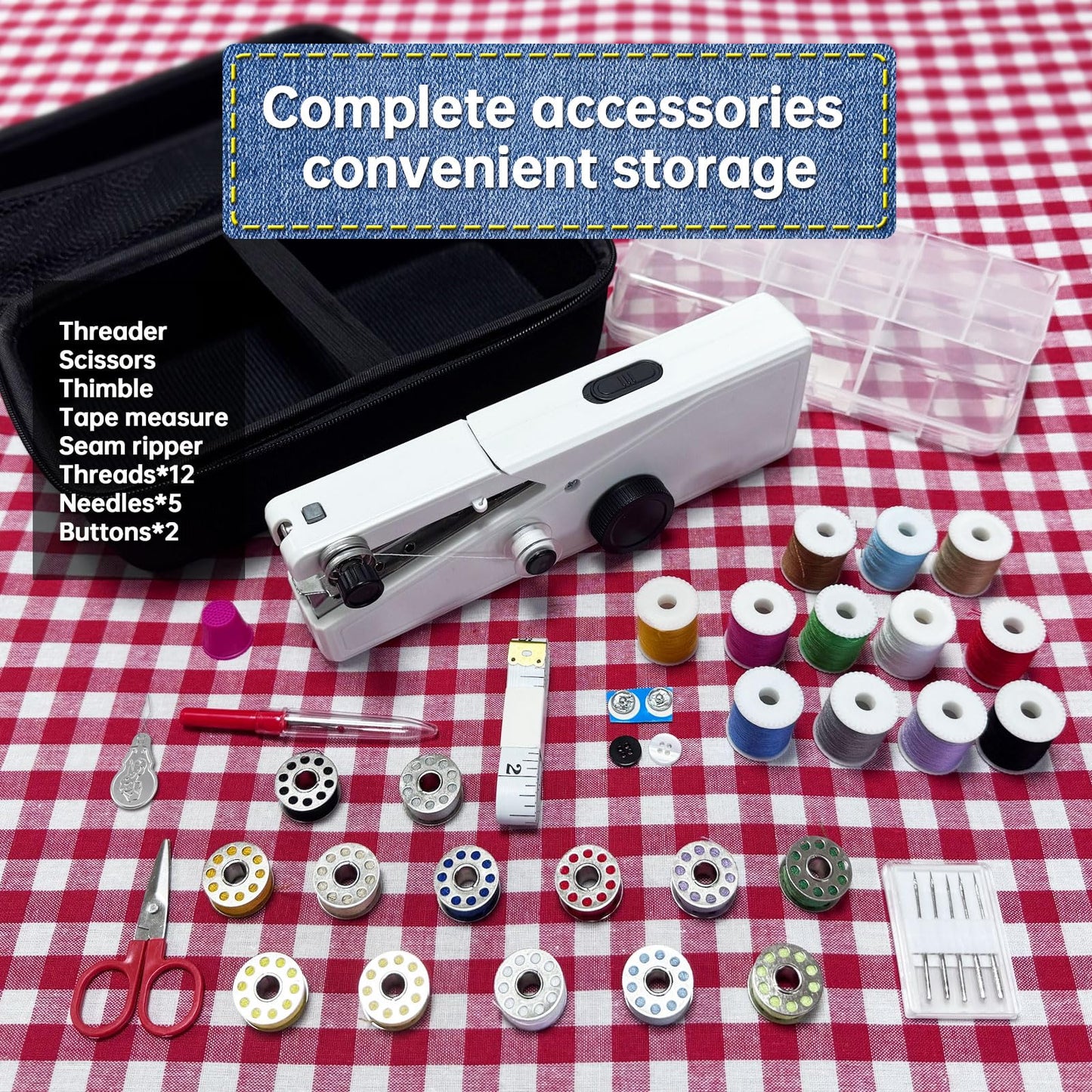 Handheld Sewing Machine for Beginners - Portable Cordless Mini Sewing Machine, Complete Sewing Kit & Accessories - Easy Electric Stitching for Home, Travel & DIY Repairs, White-2